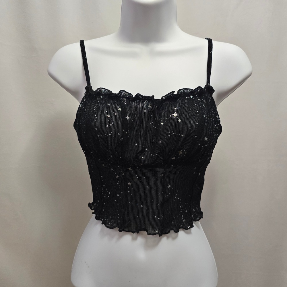 Black Mesh Star Print Sheer Ruched Crop Top Cami Lettuce Edge Celestial Small